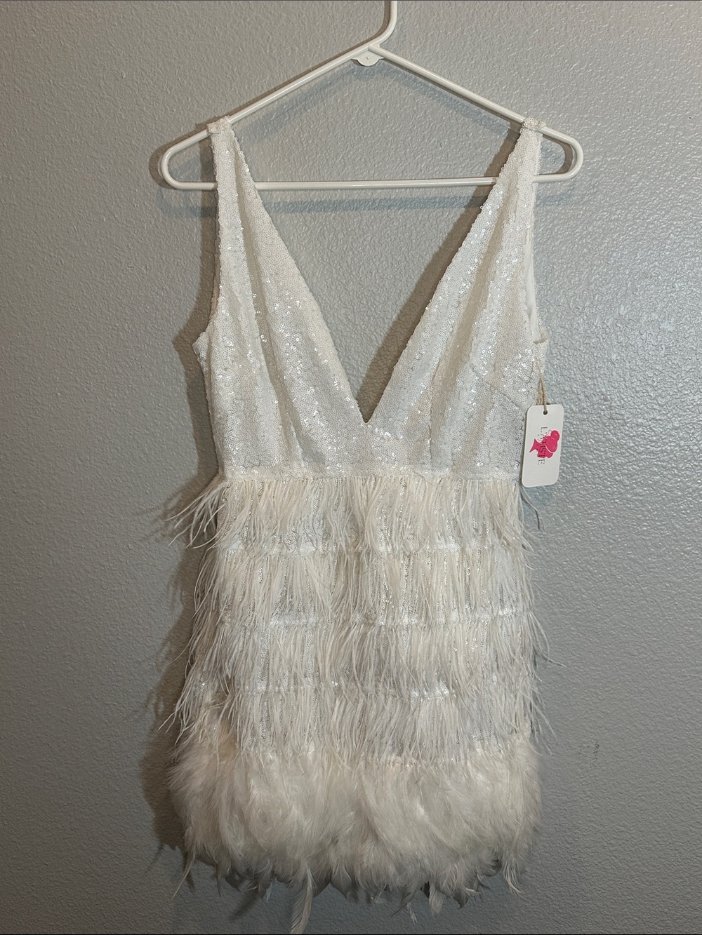 L’Atiste Ivory Sequin Feather Fringe Mini Dress Bridal Party